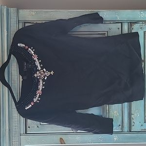 WHBM Black Rayon sweater with jeweled neckline and bow tie back Size L